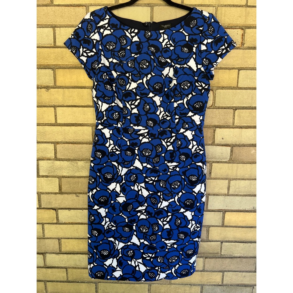 Talbots Petites Floral Cap Sleeve Sheath Dress Blue Black White Size 4P Small